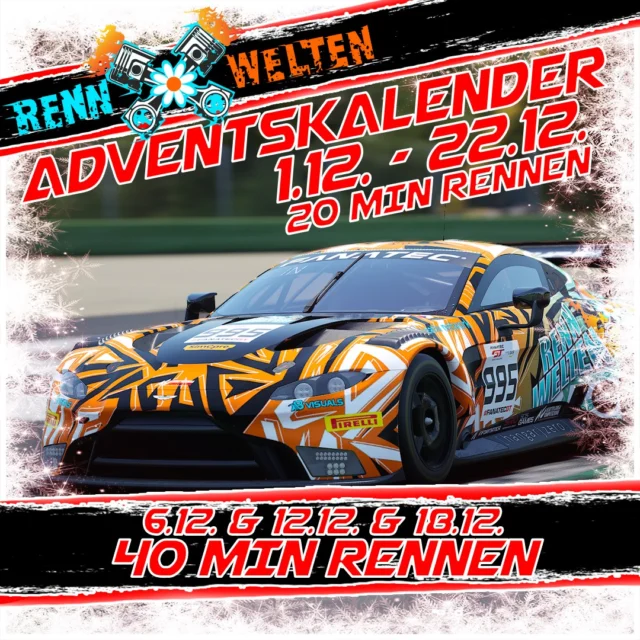 Willkommen zum RennWelten Adventskalender! 🏁🎄✨

Mit kleinen, aber dafür Abwechslungsreichen Rennen wollen wir euch im Dezember die Zeit bis Weihnachten verkürzen. Selbstverständlich habt ihr die Möglichkeit nur an einzelnen Rennen teilzunehmen. Wir würden uns allerdings über eine regelmäßige Teilnahme freuen! Alle Informationen zur Anmeldung findet ihr auf unserem Discord - Link in der Bio. 🏎️🔥

#rennwelten #fortheracer #adventszeit #simracer #community #motorsport #acc #simracing # #assettocorsacompetizione