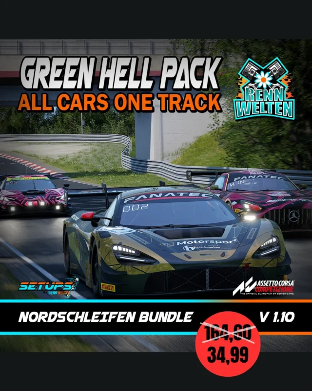 Ein Paket, mit all unseren Nordschleifen Setups. 
Egal ob GT3, GT4, GT2 oder weitere Fahrzeuge, ihr seid für jedes Rennen gewappnet. 
Also einsteigen uns Losfahren! 🏎️🎮🏁

Im Angebot €34,99 statt €164,60 🔥
Jetzt Angebot sichern!

#rennwelten #fortheracer #simracing #esports #assettocorsacompetizione #acc #assettocorsa #setups