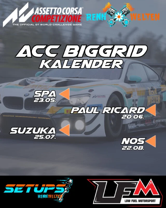 Auch bei ACC geht es endlich wieder mit regelmäßigen BigGrids weiter!
Stellt euch auf einer Strecke bis zu 105 anderen Fahrzeugen, und überlebt eine geballte Stunde Rennaction.

Den Link zur Anmeldung über LFM findet ihr in unserer Bio.

#rennwelten #fortheracer #simracing #esports