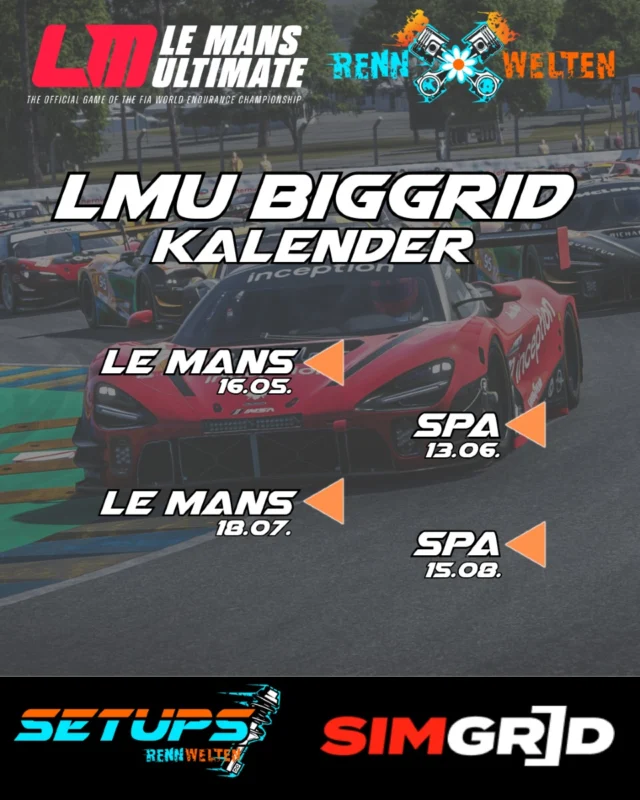 Nachdem die ersten BigGrids in LMU bei euch super angekommen sind, führen wir ab Mai regelmäßige Termine ein.
Den Link zur Anmeldung über Simgrid findet ihr direkt in unserer Bio.

#rennwelten #fortheracer #simracing #esports