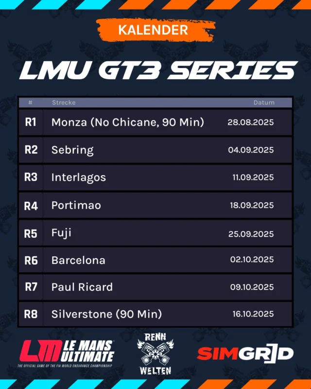 Le Mans Ultimate im GT3 - Jetzt auch bei RennWelten!
Alle 2 Wochen ein Rennen auf den besten Strecken der Welt.

Alle Informationen zur Anmeldung über Simgrid findet ihr in unserer Bio & auf unserem Discord!

#rennweltenandfriends #fortheracer #simracing #esports #lmu #simgrid
