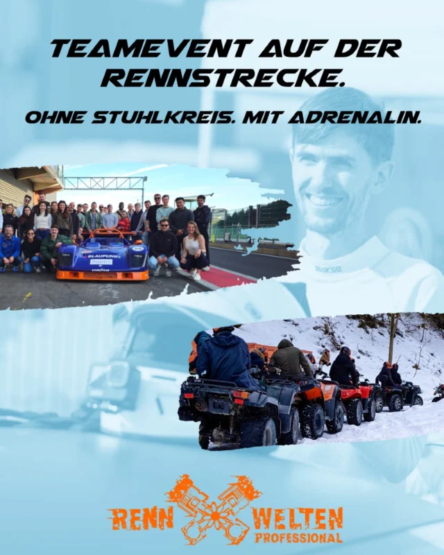 Teamevent auf der Rennstrecke – ohne Kennenlernspiel, dafür mit echtem Erlebnis.
Raus aus dem Alltag. Rein in Verbindung, Vertrauen, Tempo.

Boxengassen-Dinner, Drift-Challenge oder Roadtrip:
Wir schaffen Erlebnisse, die sich nicht wie Pflichtveranstaltungen anfühlen – sondern wie ein Signal.

💬 Echtes Miteinander
📣 Sichtbarkeit mit Substanz
💥 Employer Branding, das bleibt

Ein starkes Erlebnis verändert, was Zusammenarbeit bedeutet.
Zeig deinem Team, dass du’s ernst meinst. Schreib uns.

Du hast Bock auf ein geiles Team Event oder möchtest deinen Arbeitgeber überzeugen? Hier findest du mehr Infos: https://rennwelten.online/rennwelten-professional-events/

#teamevent #employerbranding #arbeitgebermarke #b2bevent #mitarbeiterbindung #eventsfürteams #rennwelten