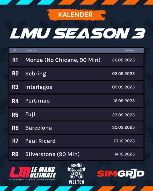 Weiter geht es mit der 3. Season in Le Mans Ultimate bei RennWelten!

Fahrt gemeinsam mit uns 8 Rennen mit den Hypercars & LMGT3.
Alle Informationen zur Anmeldung über Simgrid findet ihr in unserer Bio & auf unserem Discord!

#rennweltenandfriends #fortheracer #simracing #esports #lmu #simgrid