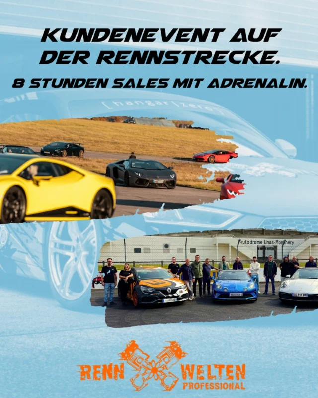 Kundenevent auf der Rennstrecke – 8 Stunden Sales mit Adrenalin.
Nicht im Konferenzraum. Sondern im echten Erleben.

Wir bringen dein Vertriebsteam und deine Kunden gemeinsam auf die Strecke.
Mitten ins Gespräch, mitten ins Geschehen – auf Augenhöhe, im Helm, im Moment.

📈 Mehr Zusagen
🤝 Bessere Gespräche
🚀 Volle Pipeline

Keine Bühne. Kein Showprogramm.
Sondern ein Event, das Wirkung zeigt.

Lass uns deine nächste Vertriebsidee konkret machen. Schreib uns. https://rennwelten.online/rennwelten-professional-kunden/

#salesevent #kundenevent #b2bevent #kundenbindung #vertriebmitwirkung #eventsdiewirken #rennwelten

Kundenevent auf der Rennstrecke.
8 Stunden Sales mit Adrenalin.