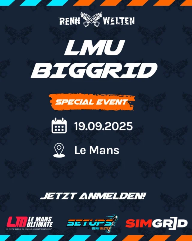 RennWelten LMU BigGrid Le Mans!

Los geht die Anmeldung für das nächste BigGrid-Rennen in Le Mans Ultimate!

Den Link zur Anmeldung über Simgrid findest du in unserer Bio.

#lmu #simgrid #lemansultimate #fortheracer #rennen #simracing
