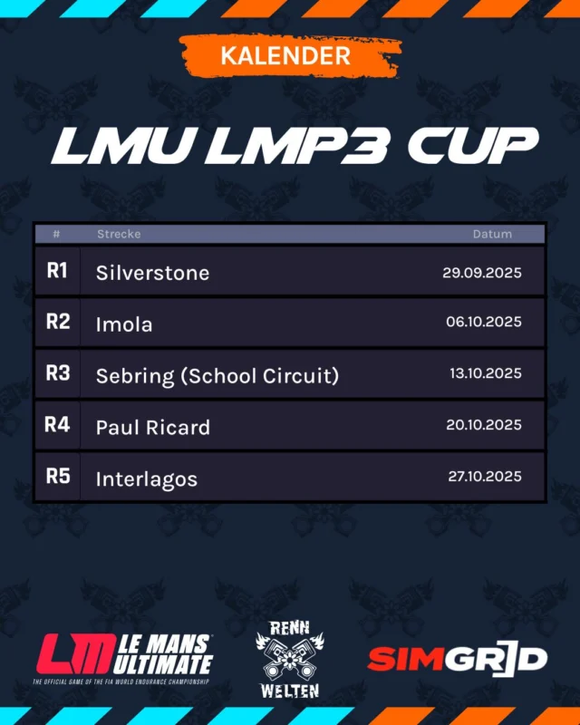 RennWelten LMU LMP3-Cup!

Mit den in LMU neu erschienenen LMP3`s bringen wir Cup-Racing auf eine völlig neue Stufe! 
Fahrt gemeinsam mit uns 5 Rennen mit den brandneuen LMP3-Boliden im fixen Setup.

Den Link zur Anmeldung findet ihr in der Bio.

#simgrid #simracing #fortheracer #lemansultimate