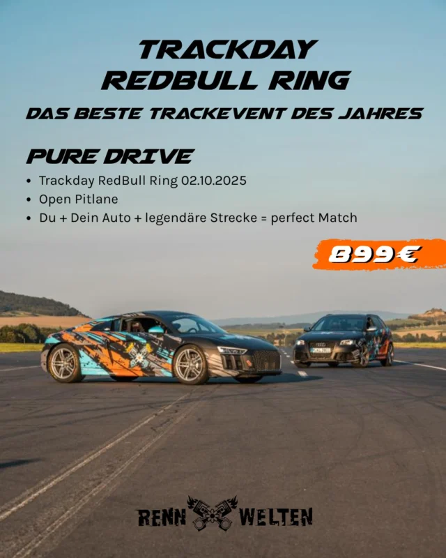 Red Bull Ring. 4,3 km Gänsehaut – und du mittendrin.

Am 02.10. gehört Spielberg denen, die fahren wollen.
Open Pitlane, maximal 40 Teilnehmer, eine legendäre Strecke – hier wird nicht gewartet, hier wird gefahren.

Ob Tracktool, Straßenauto oder Rennwagen – auf dieser Strecke fühlt sich jedes Fahrzeug besonders an. Und du dich auch.

Der Sound. Die Kurven. Die Kulisse.
Wenn du nur einen Trackday im Jahr fährst – nimm diesen.

🎟️ 899 € statt 999 €
👉 Jetzt Platz sichern im RennWelten-Shop – Link in Bio

#rennwelten #redbullring #trackdayspielberg #openpitlane #fahrmituns #motorsportliebe #tracktools #rennstreckeohnefilter