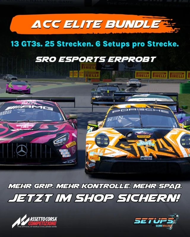 13 GT3s. 25 Strecken. Über 1900 Setups.

Hol dir die Setups, die im SRO Esports gefahren werden –
fein abgestimmt, stabil, sofort einsatzbereit.

2x Esports, 2x Safe, 2x Wet pro Strecke – alles im ACC Elite Bundle.
Statt 13×27,99 € jetzt alles für 99,99 €.

⚡ Kein Zufall. Kein Trail & Error. Nur Pace.
👉 Jetzt sichern - Link in Bio